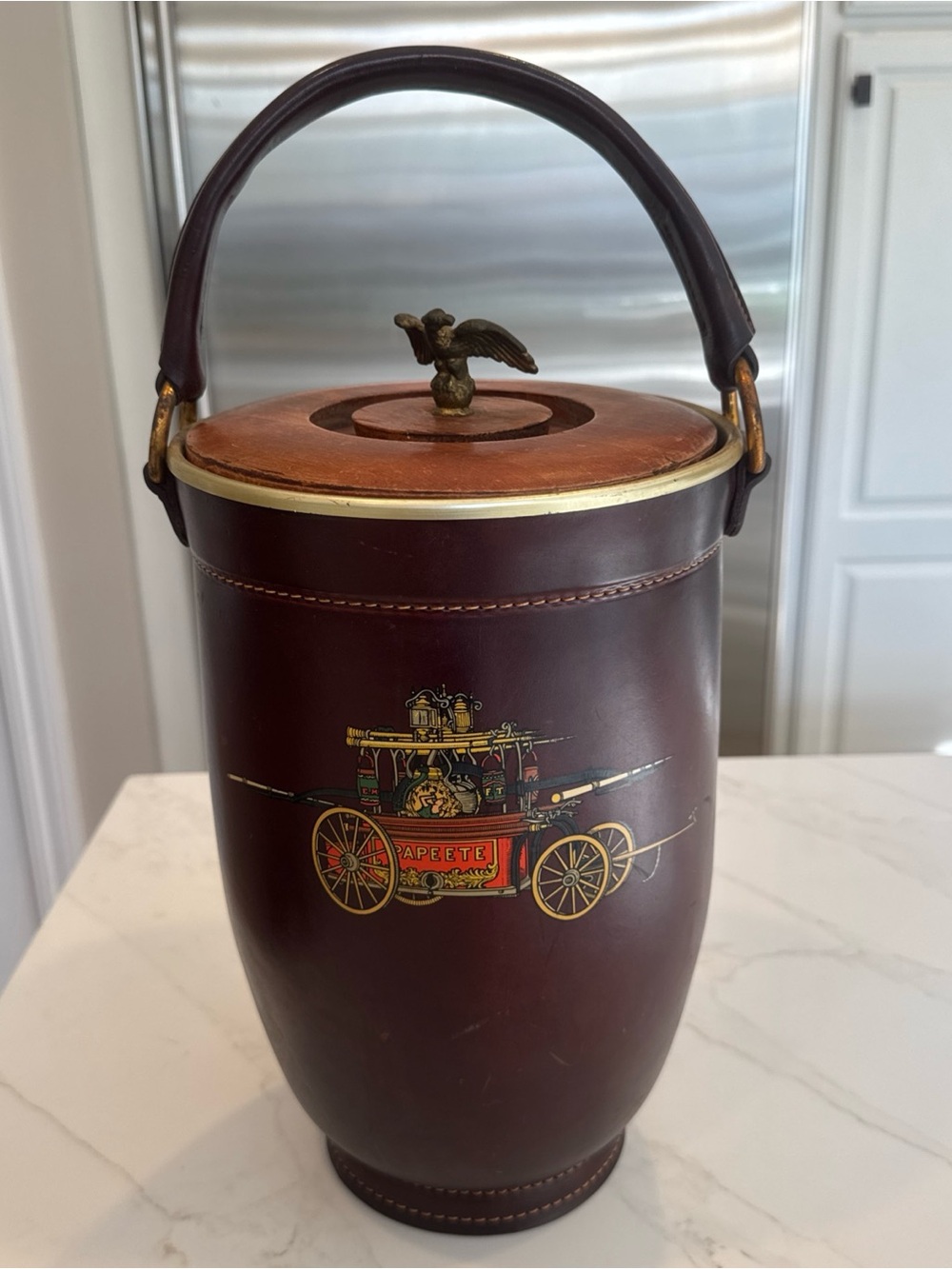Brown Leather Barrel Ice Bucket with Eagle Finial